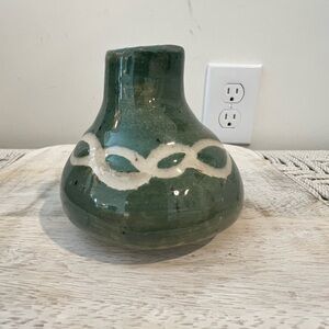 Hand Made Singed Green Ceramic Vase with White Pattern